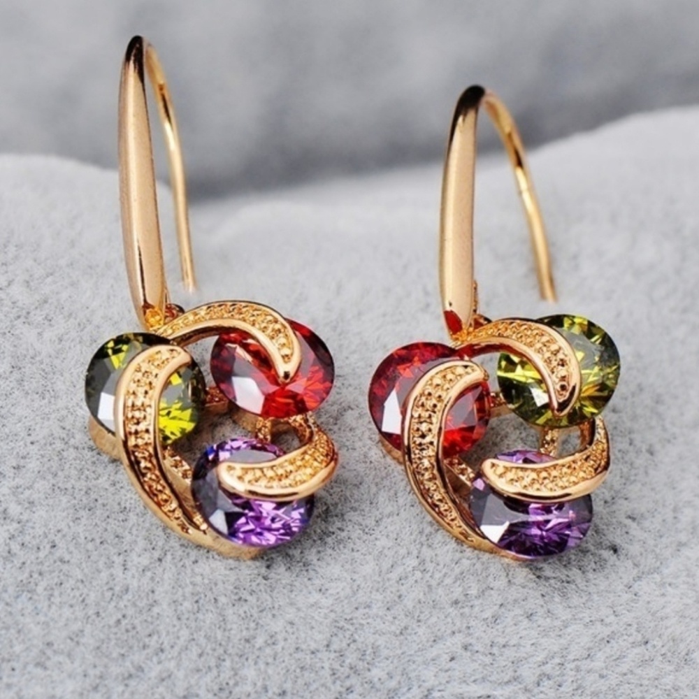 💐Tri Color Gem Cluster Rose Gold Fish Hook Earrings